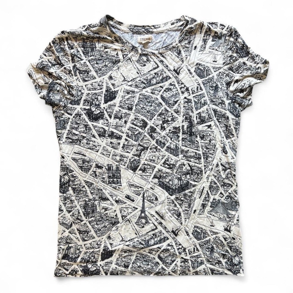 L'AGENCE Cream and Black Paris Map Print T-Shirt